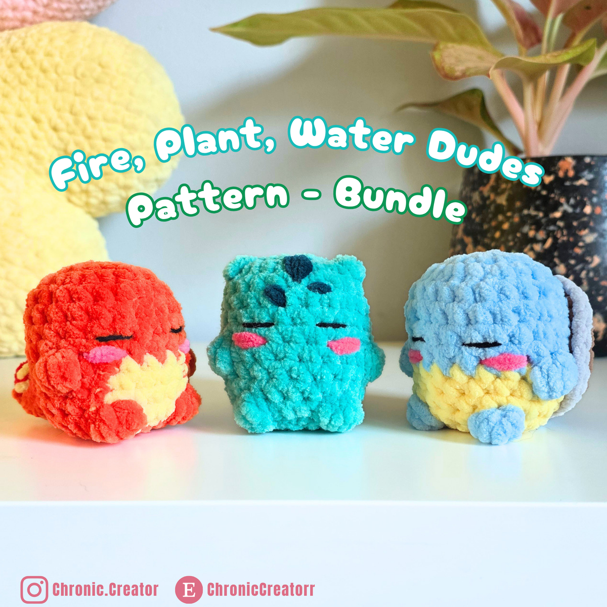 Crochet Mini Fire, Plant, Water Dude Trio - Crochet PDF Pattern Bundle